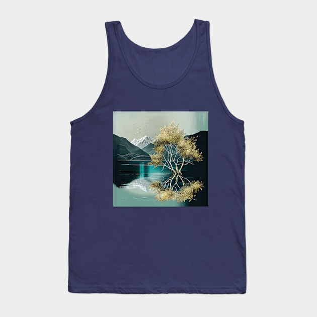 Green Mountain Lake with Golden Tree Tank Top by The Art Mage